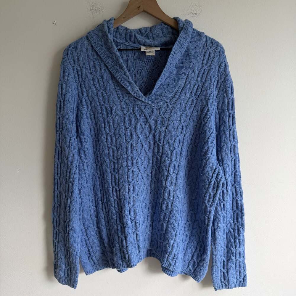 Talbots Cable Knit Cotton Sweater Size 3X Petite Light Blue V Neck Shawl Collar